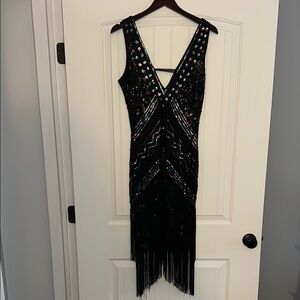 Black Sequin Fringe Dress, Size M